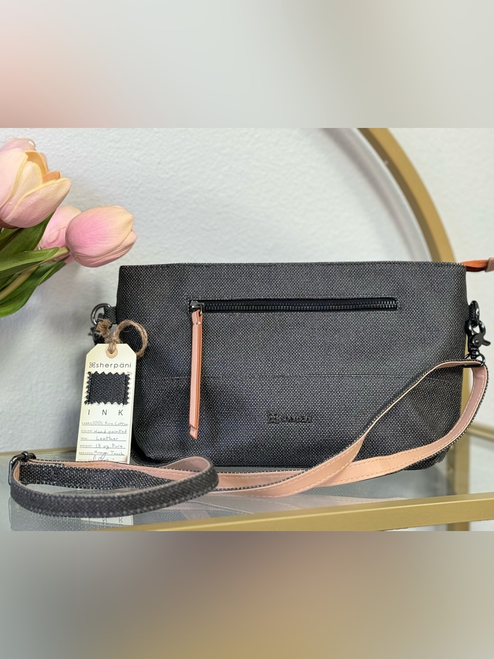 Sherpani Paige Crossbody Bag Black Stone Hand Painted Cotton Canvas NWT